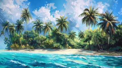 Obraz premium Tropical paradise with palm trees on a pristine beach, turquoise waters, and bright blue sky, perfect for a serene and relaxing getaway.