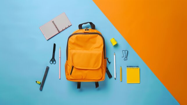 Back to school: flat lay with backpack and stationery on colorful background