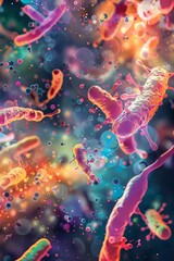 Abstract digital illustration of bacteria and germs in vivid colors and dynamic movement, showcasing microscopic life and scientific visualization.