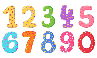 Cartoon numbers from 0 to 9. Kids birthday postcard, invitation elements isolated on white.