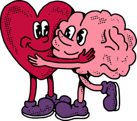 Retro Heart & Brain Character Hugging