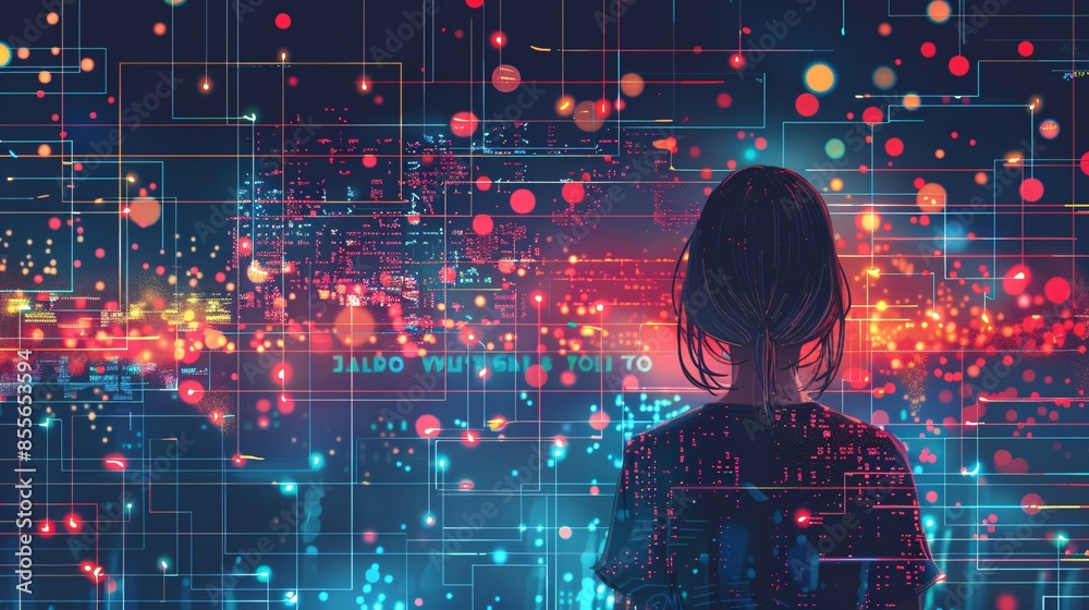 Poster in an illustration, a girl is seen from behind, facing a series of abstract data structures and codi
