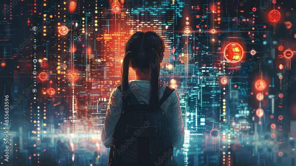 Poster in an illustration, a girl is seen from behind, facing a series of abstract data structures and codi