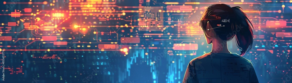 Poster an illustration shows a girl from the back, observing a horizon filled with abstract shapes and data