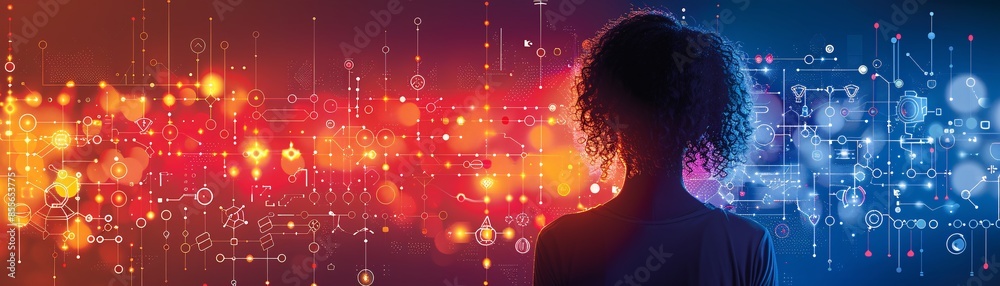 Poster an illustration shows a girl from the back, observing a horizon filled with abstract shapes and data