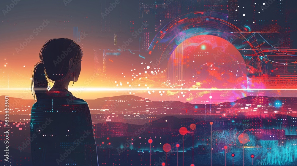 Poster an illustration shows a girl from the back, gazing at a landscape of abstract shapes and symbols rep