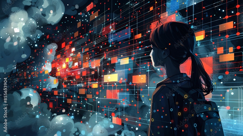 Poster An illustration shows a girl from the back, gazing at a landscape of abstract shapes and symbols representing data structures, symbolizing her journey in mastering programming. The image features