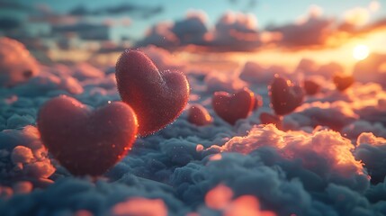 Hearts floating in a dreamy sky with clouds and soft light. The scene features pastel-colored hearts drifting gently among fluffy clouds, with a warm, ethereal glow illuminating the sky. 