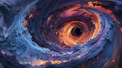 Hyper-realistic spiral of dark blue and orange circles, creating an impressive ring with dusty textures.