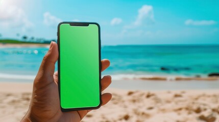 Studio shot of a hand holding a cell phone with a green screen, beach background visible.