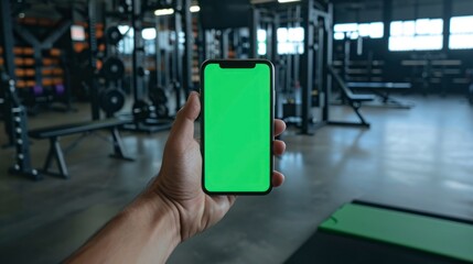 Cell phone with a green screen held by a hand, powerlifting gym equipment in the background.