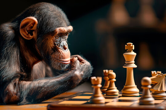 A monkey thinking his move on chess board.
