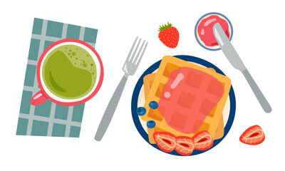 Viennese waffles with Matcha tea and jam with berries on white background vector illustration , classic breakfasteb