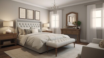 Fototapeta premium A freshly painted bedroom with new furniture, a comfortable bed, and stylish decor. Generative AI