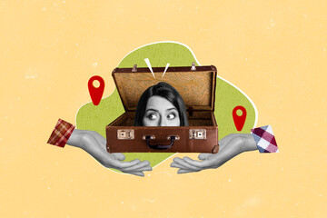 Creative collage image young woman hide suitcase luggage travel agency hands body fragments gps geo...