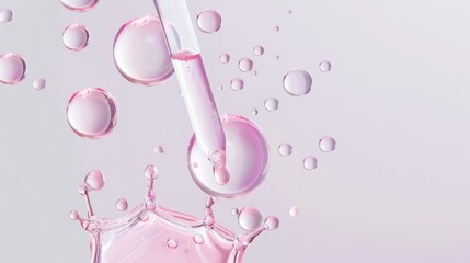 Cosmetic product promotion with bubble filled serum drop from pipette on gray background
