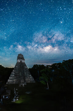 temple of tikal guatemala under the milky way