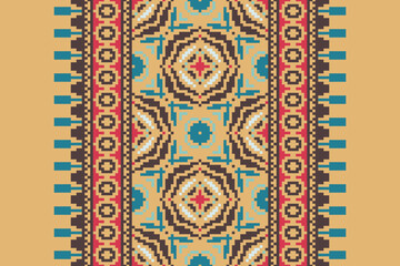 Traditional ethnic motifs ikat geometric fabric pattern cross stitch.Ikat embroidery Ethnic oriental Pixel navy blue background. Abstract,vector,illustration. Texture,scarf,decoration,wallpaper.