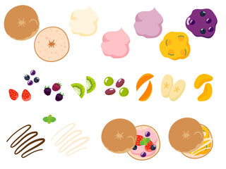 甘いベーグルサンドイッチの具材と出来上がったベーグルサンドのセットのベクターイラストレーション