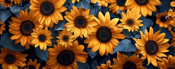 A pattern of sunflowers with a black center and yellow petals