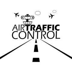 National Air Traffic Control Day event banner. Bold text with illustrations of an air traffic tower, airplane and runway on white background to celebrate on July 6th