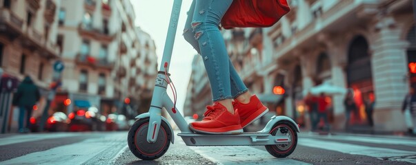 Close up of a woman in red sneakers riding an electric scooter on a city street