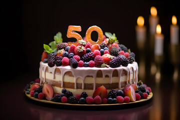 Number fifty 50 candle lit on top of a chocolate confetti cake.