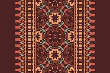 Traditional ethnic motifs ikat geometric fabric pattern cross stitch.Ikat embroidery Ethnic oriental Pixel navy blue background. Abstract,vector,illustration. Texture,scarf,decoration,wallpaper.