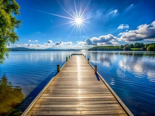 Tranquil lake with wooden dock and bright shining sun