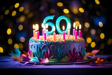 Number sixty 60 candle lit on top of a chocolate confetti cake