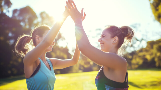 Two friends high-fiving during a sunny park run, expressing joy and accomplishment.