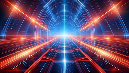 Obraz premium a striking abstract composition featuring blue and red lights in the middle, accented by glowing lines that form geometric patterns.