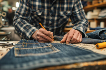 Obraz premium Close-up of a tailor marking denim fabric with a pencil, preparing it for sewing in a workshop..