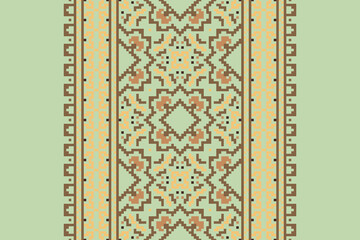 Traditional ethnic motifs ikat geometric fabric pattern cross stitch.Ikat embroidery Ethnic oriental Pixel navy blue background. Abstract,vector,illustration. Texture,scarf,decoration,wallpaper.