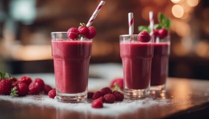 view of elegant Healthy appetizing red smoothie dessert in glasses