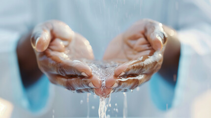 Close-up of hands cupping flowing water, symbolizing purity, cleansing, and renewal, set against a light, blurred background.