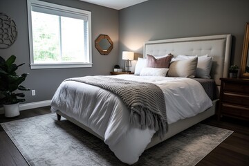 A beautifully renovated bedroom with fresh gray walls, new furniture, and stylish decor, creating a comfortable and inviting atmosphere. Generative AI