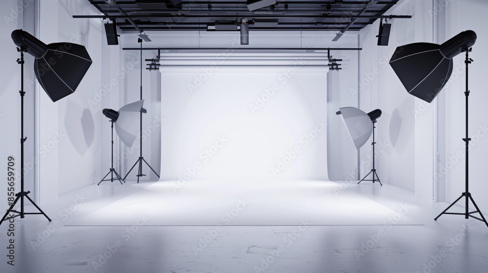 Poster empty modern minimalist photo production studio with white background. background image. created wit