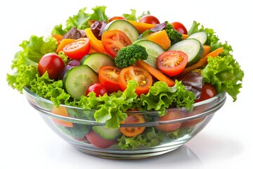 Fresh And Healthy Salad With Lettuce, Cucumber, Bell Pepper, Broccoli, And Cherry Tomatoes In A Glass Bowl.