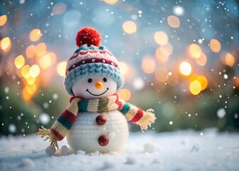 Fototapeta premium A Cute Snowman Is Standing In The Snow. He Is Wearing A Hat And Scarf. The Background Is Blurred With Bokeh Lights.