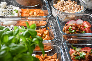 Glass boxes with food for the day