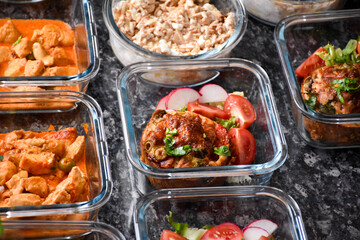 Glass boxes with food for the day