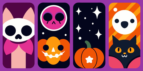 Obraz premium Set of four Halloween phone cases with skulls, pumpkins, and a black cat
