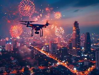 Drone Capturing Vibrant Cityscape Fireworks Display at Night