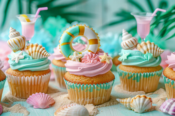 fancy cupcakes with summer beach theme, each one is decorated with different elements , as edible palms , inflatable swimming ring, cocktail , seashells , beach aesthetic in pastel colors