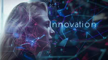 Obraz premium Innovation with digital patterns and the face of a futuristic woman.