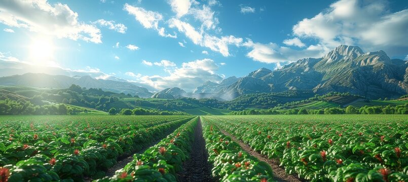 Advanced Agricultural Technology in Strawberry Fields with Mountains