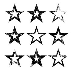 Vintage stars with cracks and stains. Old hand-drawn sign, black simple shape. Retro design element with distressed effect, grunge texture. Vector illustration