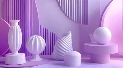 3d purple and white abstract geometrical shaped figures placed on purple background