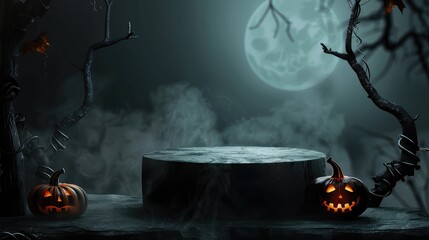 Halloween podium with pumpkins on a dark background. 3d rendering